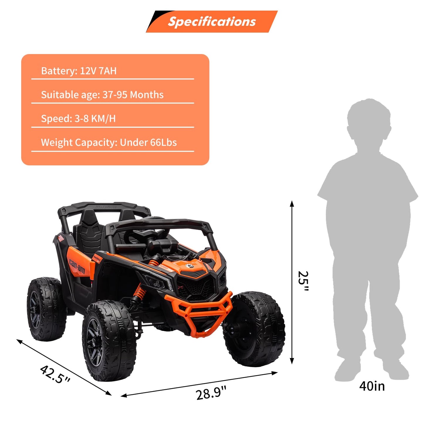 Garvee Ride - P Series: 12V Can-Am Ride-On UTV: Remote Control, Large Seat, Music, LED Lights, Spring Suspension, for Boys & Girls - Orange