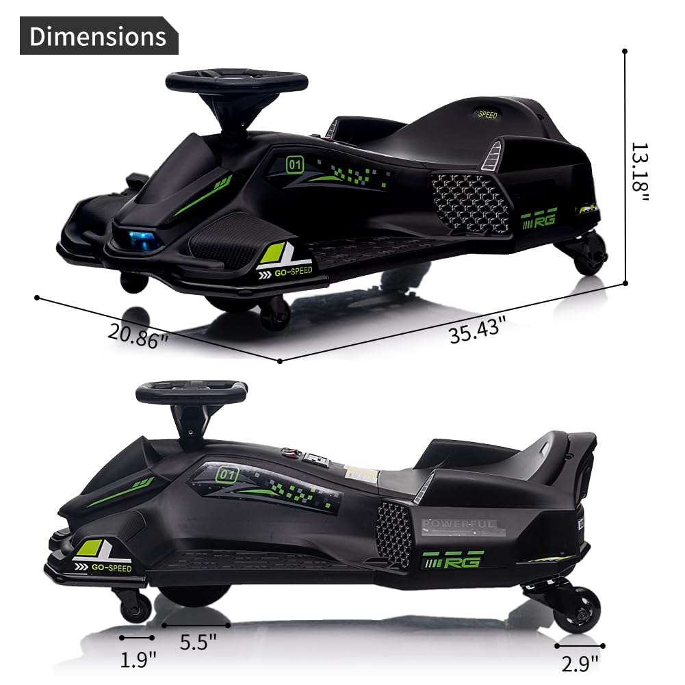 Garvee Ride - P Series: 12V Kids Drift Car: 45W Motor, 5 MPH, Music, LED, USB, Low-Power Alarm, 110lb Max - Black