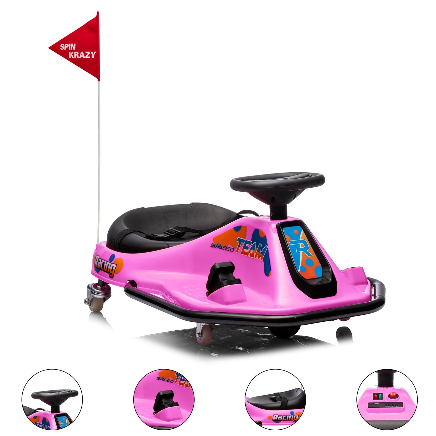 Garvee Ride - P Series: 360 Degrees Rotating Ride On Drift Car,Electric Drifting Go Kart,24V Ride On Race Car,Variable Speed for Kids,Simplified Drift System,Flashing Lights, Flag, Music - Pink