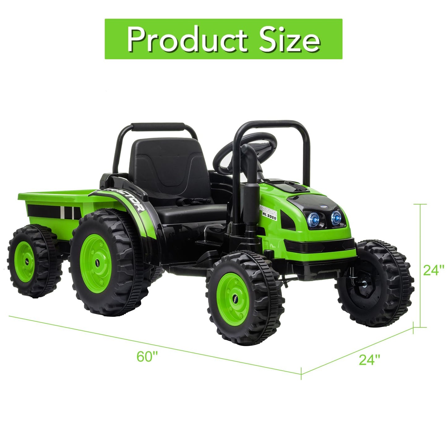 Garvee Ride - P Series: 12V Electric Ride-On Tractor for Kids with Trailer, Remote Control, Music, LED Lights, and Rear Wheel Suspension - Battery Powered Toy Vehicle - Green