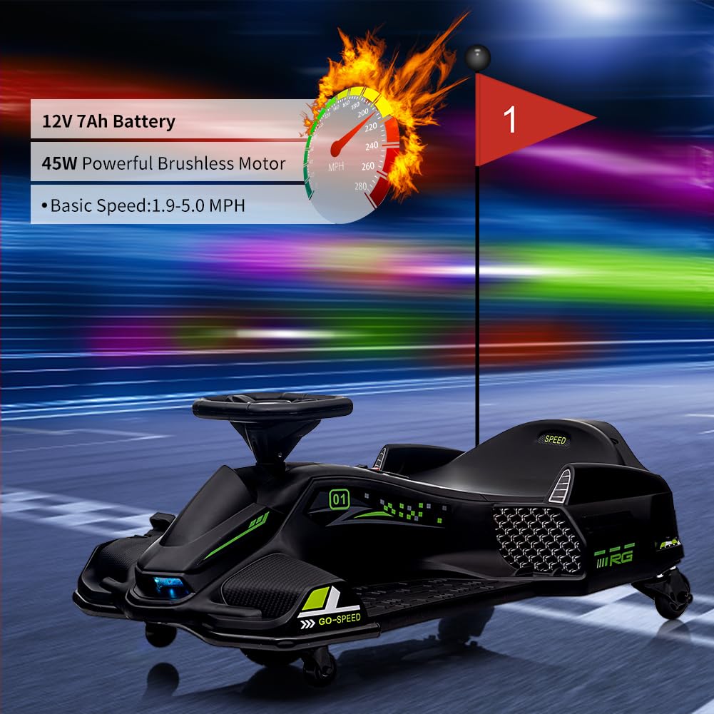 Garvee Ride - P Series: 12V Kids Drift Car: 45W Motor, 5 MPH, Music, LED, USB, Low-Power Alarm, 110lb Max - Black