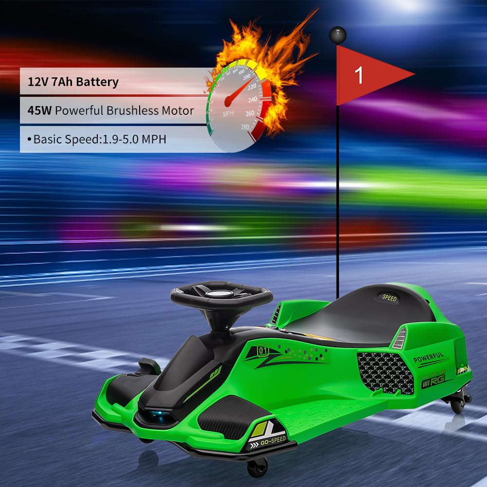 Garvee Ride - P Series: 12V Kids Ride on Drift Car for Kids, 7ah 45W Motor Electric Drifting Go-Kart Up to 5 mph Variable Speed, Built-in Music,Colorful Tail LED Light,USB,Low-Power Alarm,Max Load 110lbs, Blue - Green