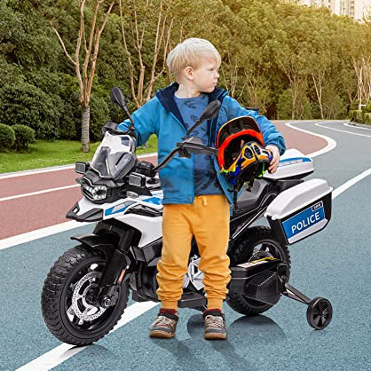 Garvee Ride P Series 12V BMW Police Motorcycle for Kids: 2 Speeds, LED Headlights, Spring Suspension, MP3, Music, Training Wheels, for Boys and Girls - White