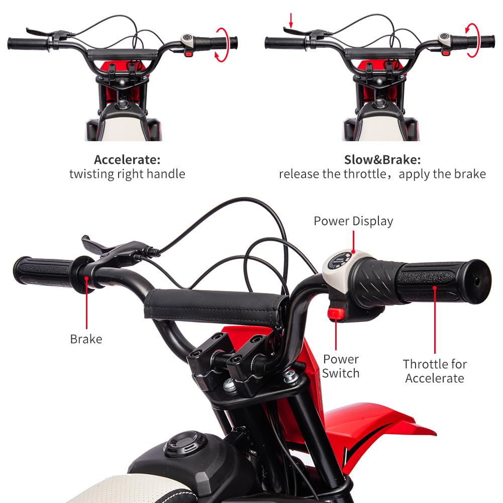 Garvee Ride - T Series: 24V Kids Electric Dirt Motorcycle for Kids Ages 13+, 250W Electric Off-Road Motorcycle,Up to 13.6MPH, Twist Grip Throttle,Metal Suspension,Air-Filled Tires,Leather Seat - Red