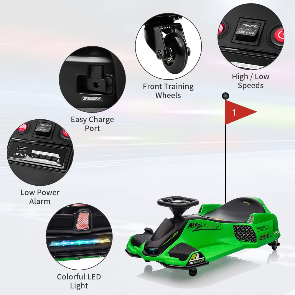 Garvee Ride - P Series: 12V Kids Ride on Drift Car for Kids, 7ah 45W Motor Electric Drifting Go-Kart Up to 5 mph Variable Speed, Built-in Music,Colorful Tail LED Light,USB,Low-Power Alarm,Max Load 110lbs, Blue - Green
