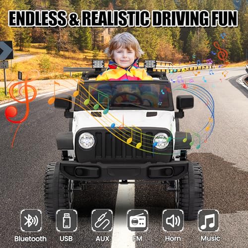 Garvee Ride - P Series: 12V Kids Electric Vehicles with Remote Control, 2 Speeds, Spring Suspension, LED Headlight, Bluetooth, Music, Battery Powered Car for Kids - White