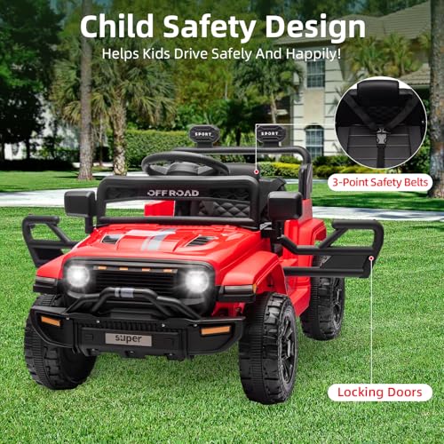 Garvee Ride - P Series: 12V Ride On Toy w/Parent Remote Control, Steering Wheel Music, 4-Wheel Spring Suspension, Led Lights, 2 Speeds, Kids Electric Vehicles for Age 3-5, Red