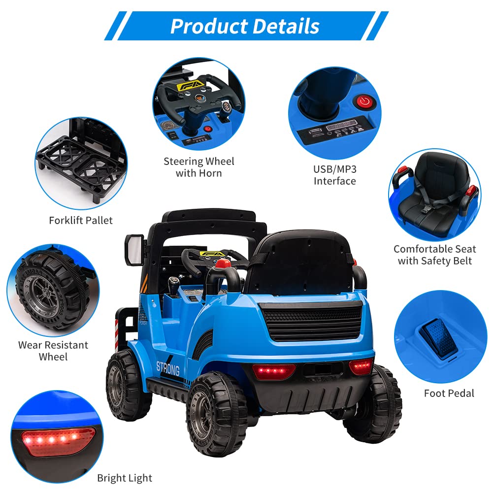 Garvee Ride - P Series: 12V Electric Forklift Ride-On: Liftable Fork, Remote, Music, Realistic Design, 66lb Load, for 3-7 Years - Blue