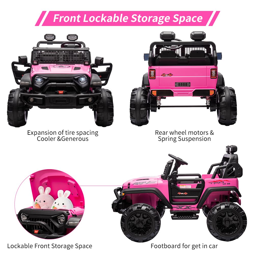Garvee Ride - P Series: 2 Seaters Kids Ride On Truck with Remote Control,20“ Large Seat Ride On Car for Toddlers, 24V 9AH Electric Vehicle Car with Led Light,Large Storage Space, Bottle Holder,Music, Horn for 3-8 Years,Pink
