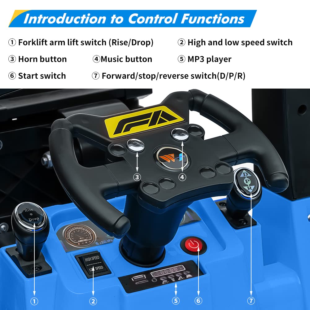 Garvee Ride - P Series: 12V Electric Forklift Ride-On: Liftable Fork, Remote, Music, Realistic Design, 66lb Load, for 3-7 Years - Blue