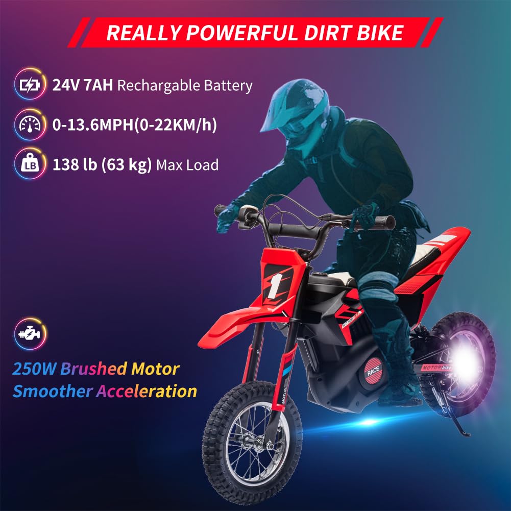 Garvee Ride - T Series: 24V Kids Electric Dirt Motorcycle for Kids Ages 13+, 250W Electric Off-Road Motorcycle,Up to 13.6MPH, Twist Grip Throttle,Metal Suspension,Air-Filled Tires,Leather Seat - Red