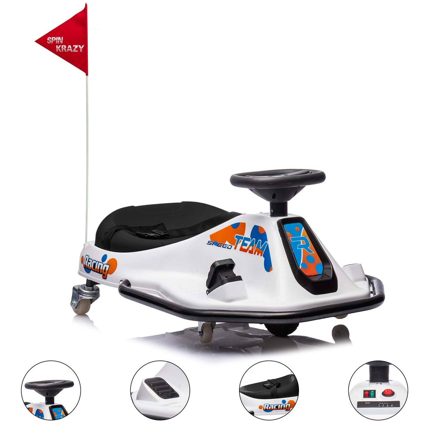 Garvee Ride - P Series: 360 Degrees Rotating Ride On Drift Car,Electric Drifting Go Kart,24V Ride On Race Car,Variable Speed for Kids,Simplified Drift System,Flashing Lights, Flag, Music - White