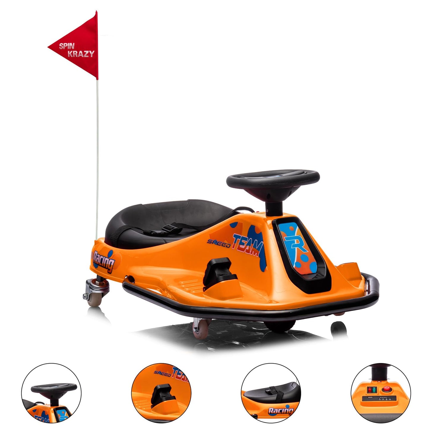 Garvee Ride - P Series: 360 Degrees Rotating Ride On Drift Car,Electric Drifting Go Kart,24V Ride On Race Car,Variable Speed for Kids,Simplified Drift System,Flashing Lights, Flag, Music - Orange