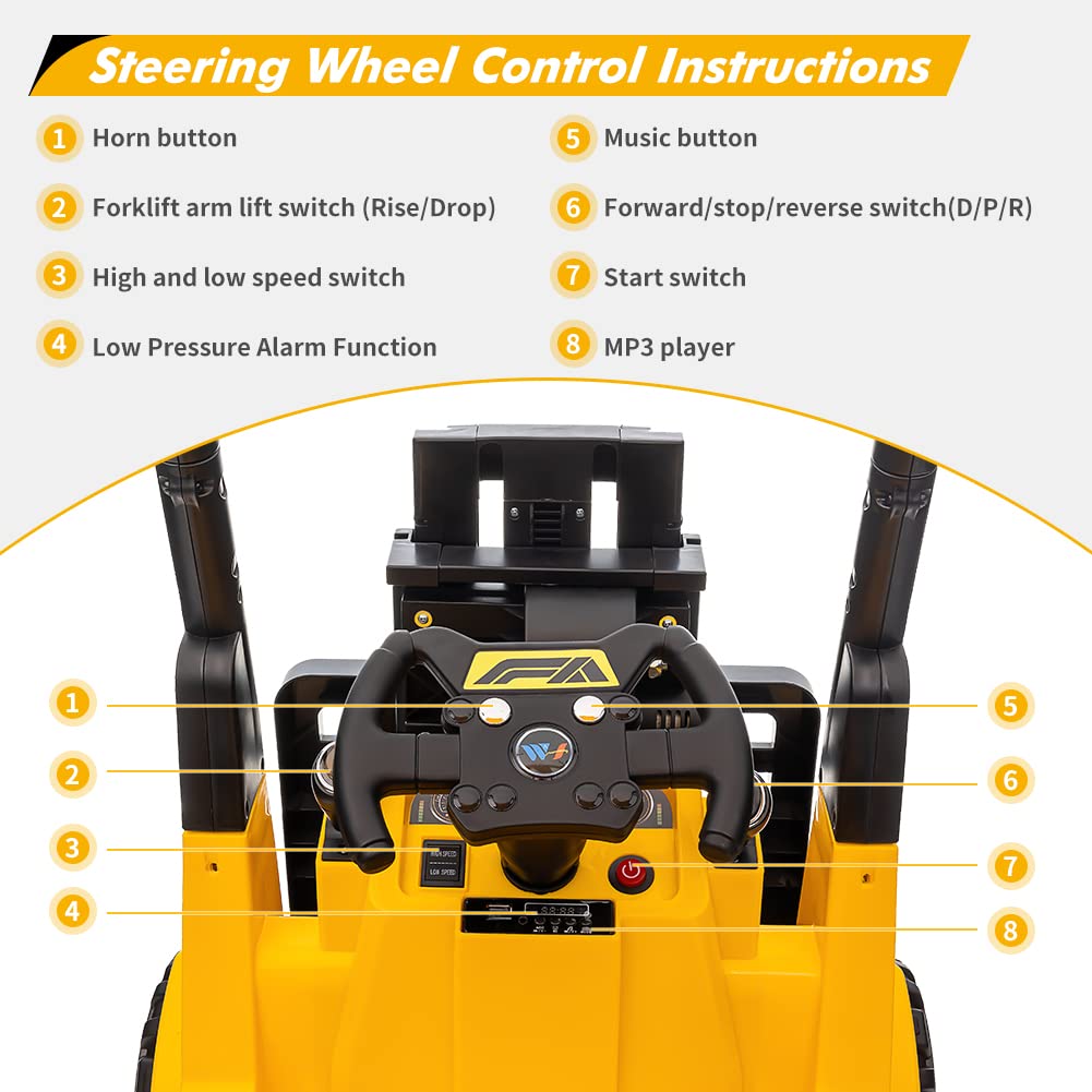 Garvee Ride - P Series: 12V Kids Forklift Ride-On: Indoor/Outdoor Fun, Realistic Design, Music, Speed Switch, 66lb Max Load, Remote Control, Ages 3-7 - Yellow