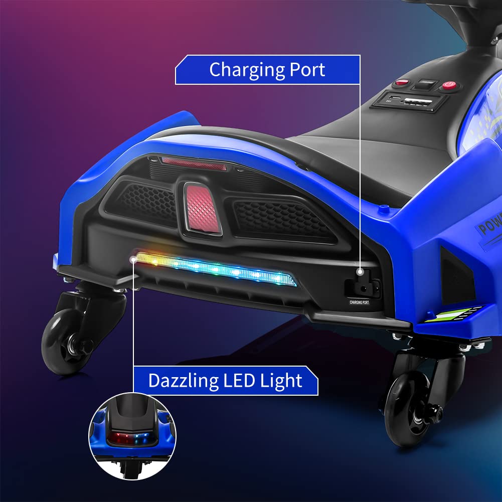 Garvee Ride - P Series: 12V Kids Drift Car: 45W Motor, 5 MPH, Music, LED, USB, Low-Power Alarm, 110lb Max - Blue