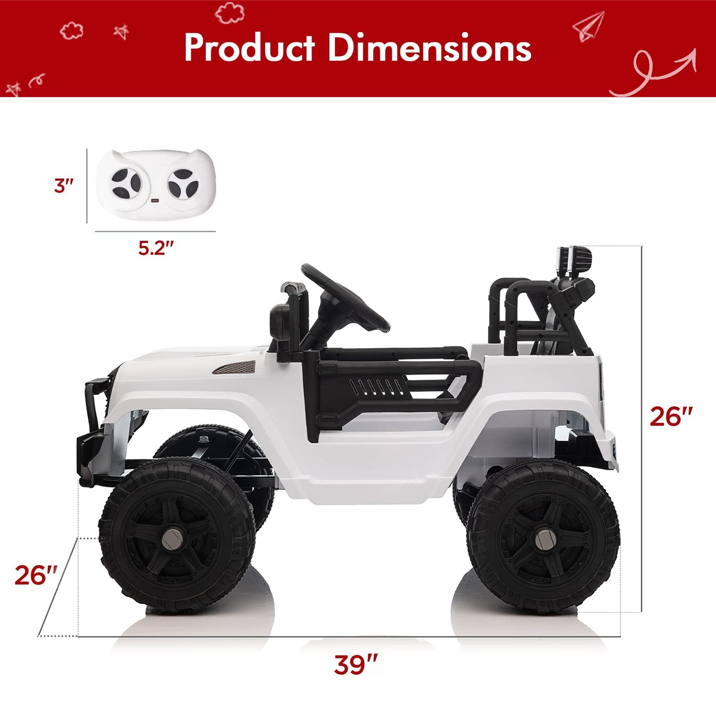 Garvee Ride - P Series: 12V Ride On Truck Car for kid : Remote Control, 3 Speeds, MP3 Music, Suspension, LED Lights,for 3+ Year Old - White