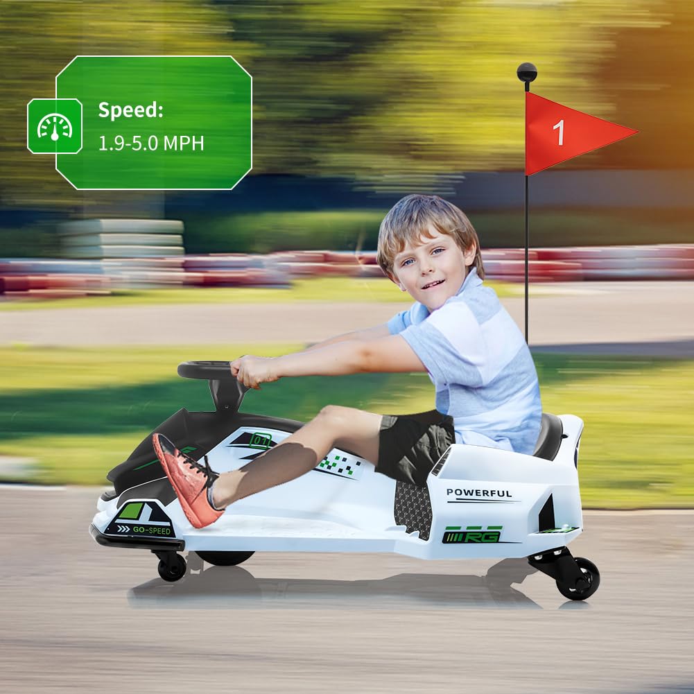 Garvee Ride - P Series: 12V Kids Ride on Drift Car for Kids, 7ah 45W Motor Electric Drifting Go-Kart Up to 5 mph Variable Speed, Built-in Music,Colorful Tail LED Light,USB,Low-Power Alarm,Max Load 110lbs, Blue - White