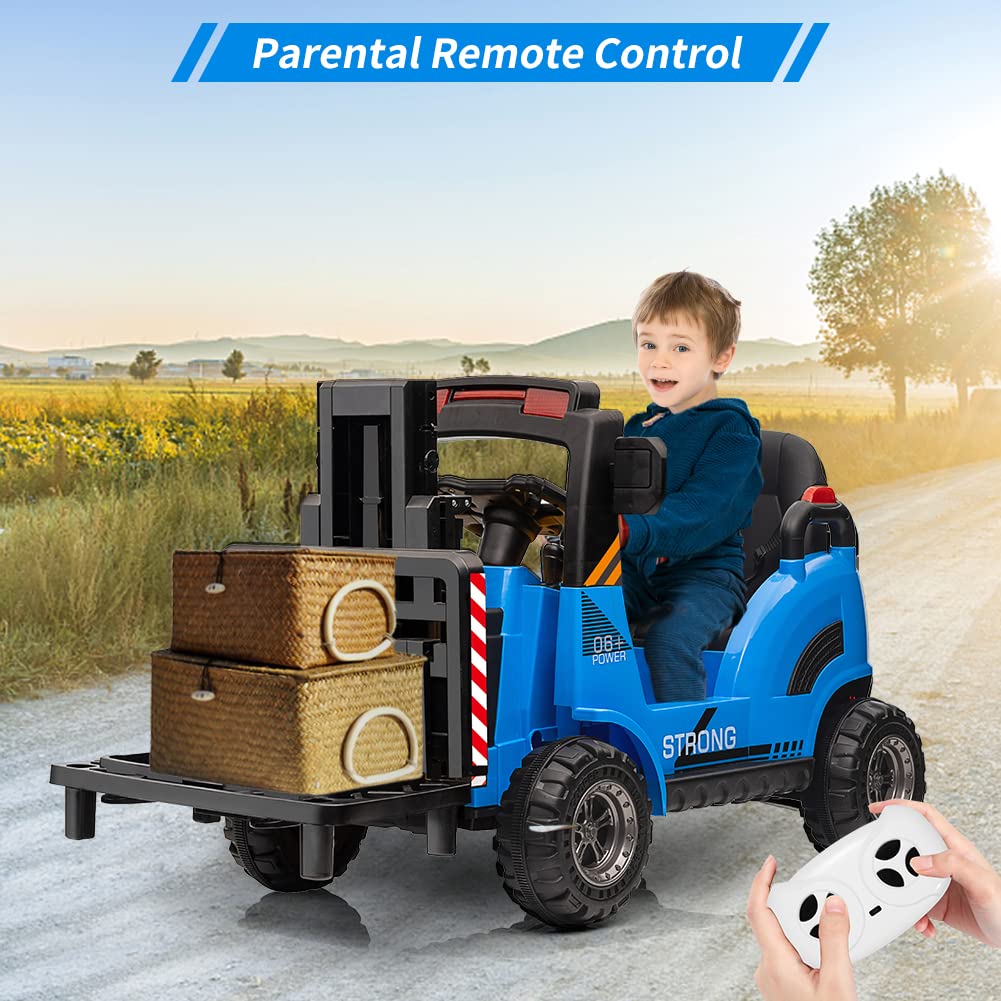 Garvee Ride - P Series: 12V Electric Forklift Ride-On: Liftable Fork, Remote, Music, Realistic Design, 66lb Load, for 3-7 Years - Blue