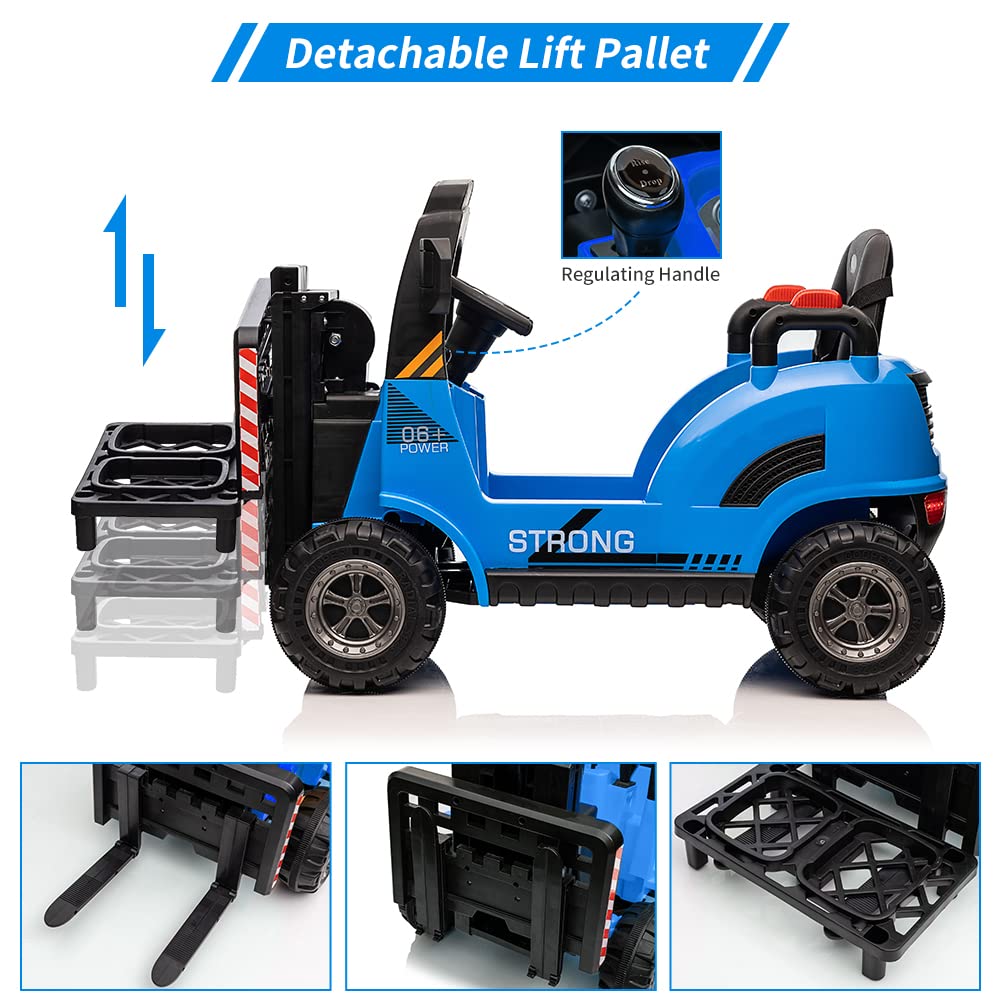 Garvee Ride - P Series: 12V Electric Forklift Ride-On: Liftable Fork, Remote, Music, Realistic Design, 66lb Load, for 3-7 Years - Blue