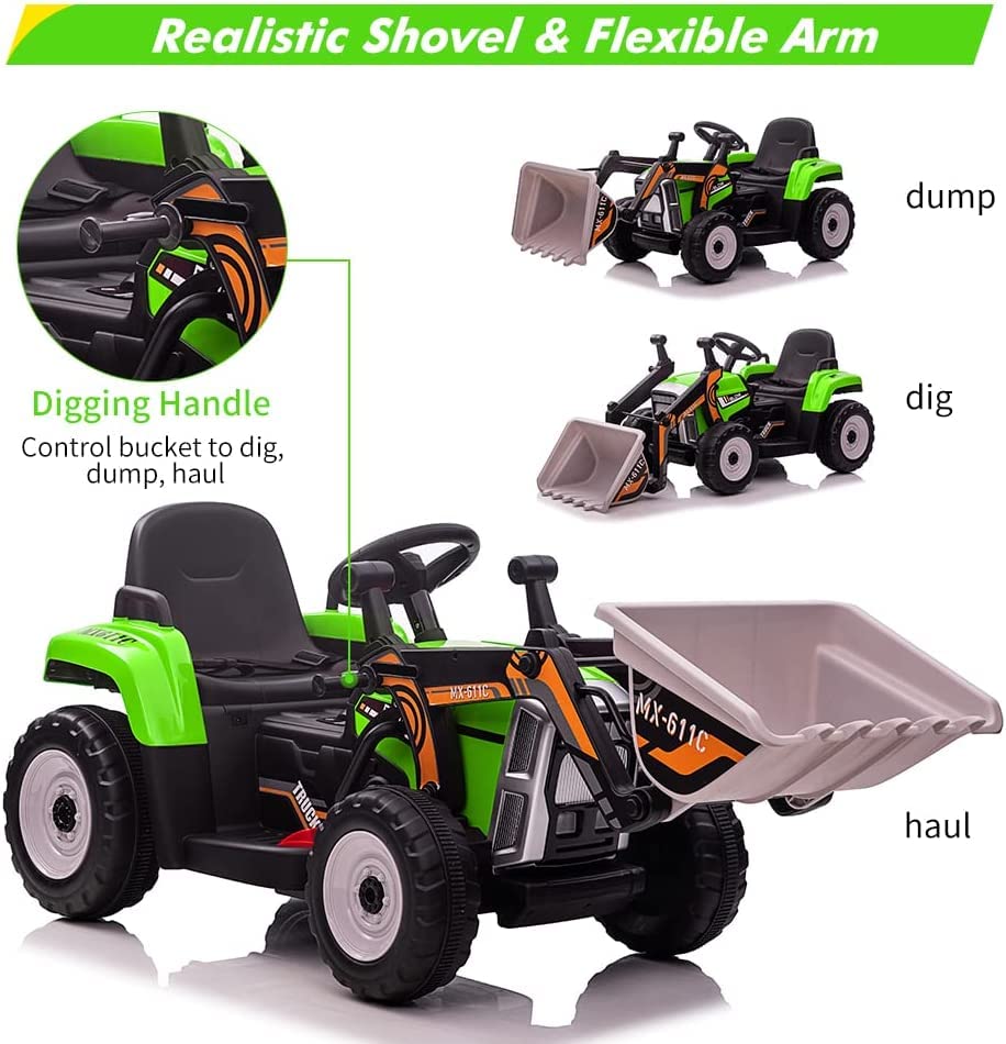 Garvee 12V Kids Ride on Car,Excavator with Bucket & Remote Control,Toddler Battery Powered Electric Vehicle,2+1 Gear Shift,3 Speeds,Bluetooth,7-LED Headlights,Music,Thread Tire,green