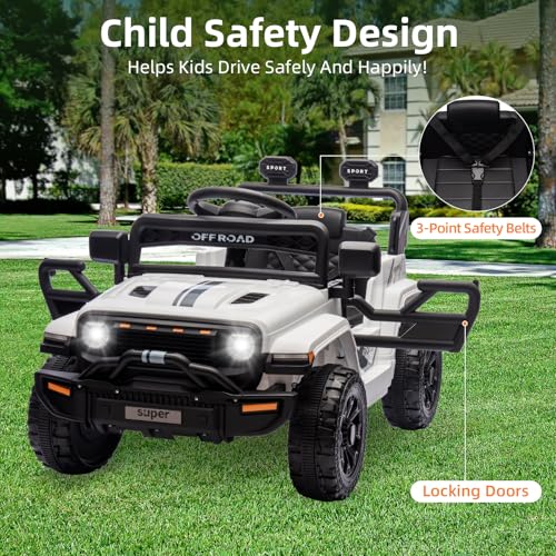 Garvee Ride - P Series: 12V Ride On Toy w/Parent Remote Control, Steering Wheel Music, 4-Wheel Spring Suspension, Led Lights, 2 Speeds, Kids Electric Vehicles for Age 3-5, White