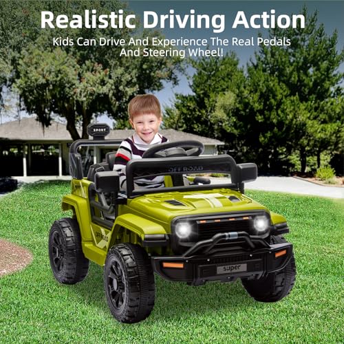 Garvee Ride - P Series: 12V Ride On Toy w/Parent Remote Control, Steering Wheel Music, 4-Wheel Spring Suspension, Led Lights, 2 Speeds, Kids Electric Vehicles for Age 3-5, Green