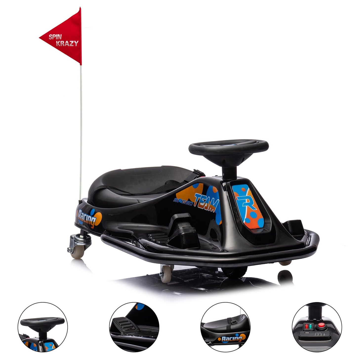 Garvee Ride - P Series: 360 Degrees Rotating Ride On Drift Car,Electric Drifting Go Kart,24V Ride On Race Car,Variable Speed for Kids,Simplified Drift System,Flashing Lights, Flag, Music - Black