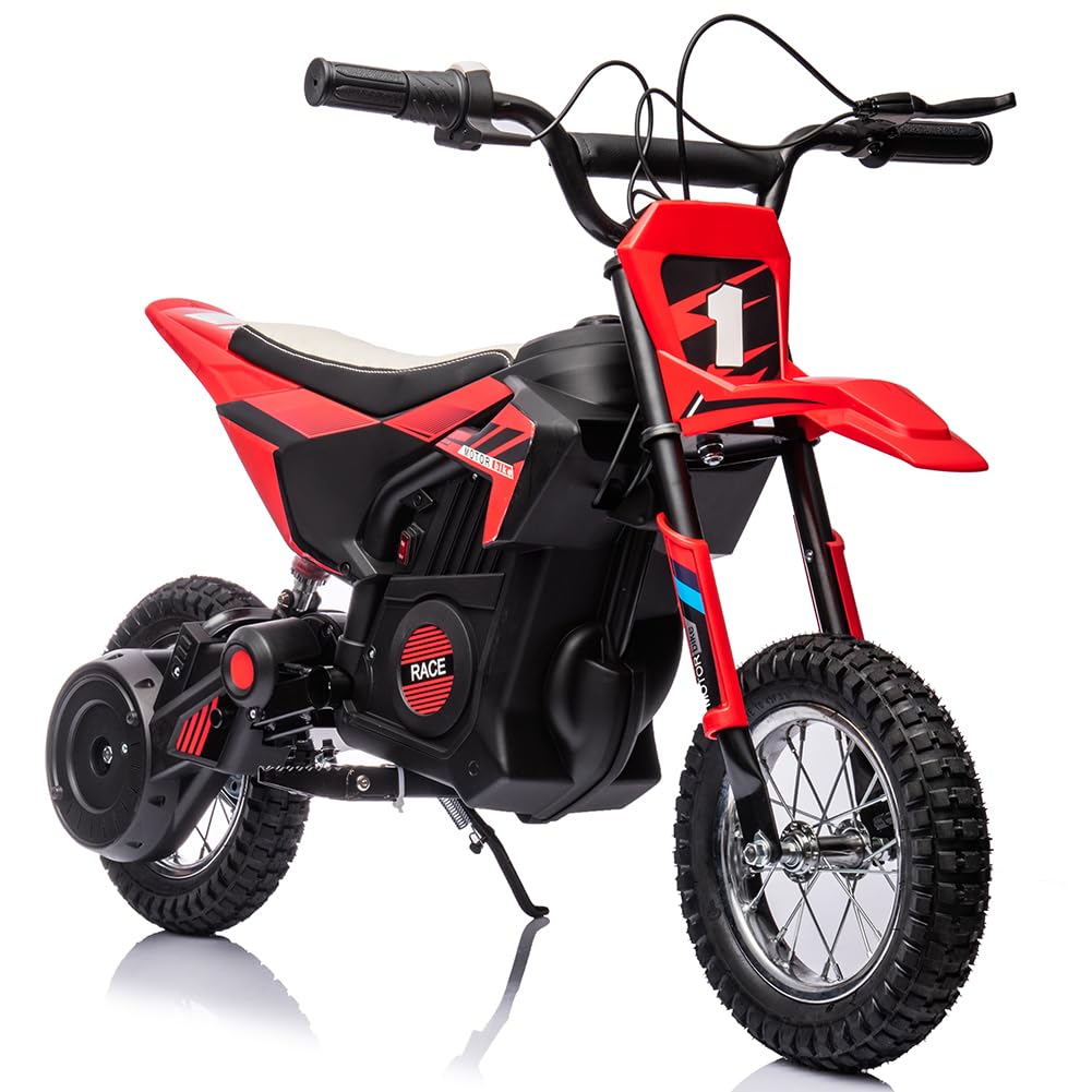 Garvee Ride - T Series: 24V Kids Electric Dirt Motorcycle for Kids Ages 13+, 250W Electric Off-Road Motorcycle,Up to 13.6MPH, Twist Grip Throttle,Metal Suspension,Air-Filled Tires,Leather Seat - Red