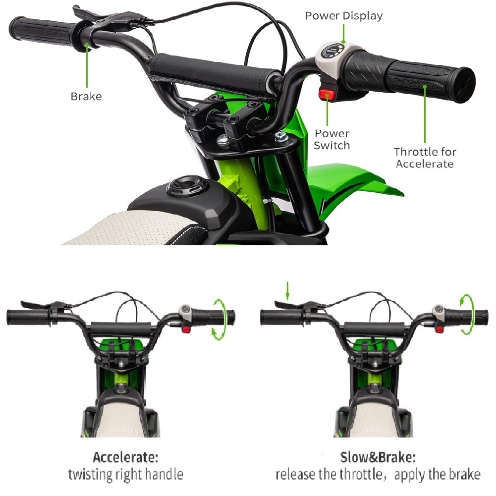 Garvee Ride - T Series: 24V Kids Electric Dirt Motorcycle for Kids Ages 13+, 250W Electric Off-Road Motorcycle,Up to 13.6MPH, Twist Grip Throttle,Metal Suspension,Air-Filled Tires,Leather Seat - Green
