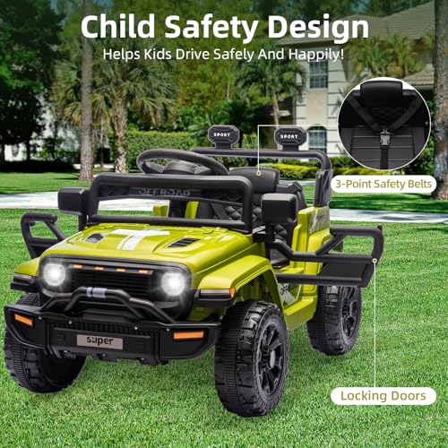 Garvee Ride - P Series: 12V Ride On Toy w/Parent Remote Control, Steering Wheel Music, 4-Wheel Spring Suspension, Led Lights, 2 Speeds, Kids Electric Vehicles for Age 3-5, Green