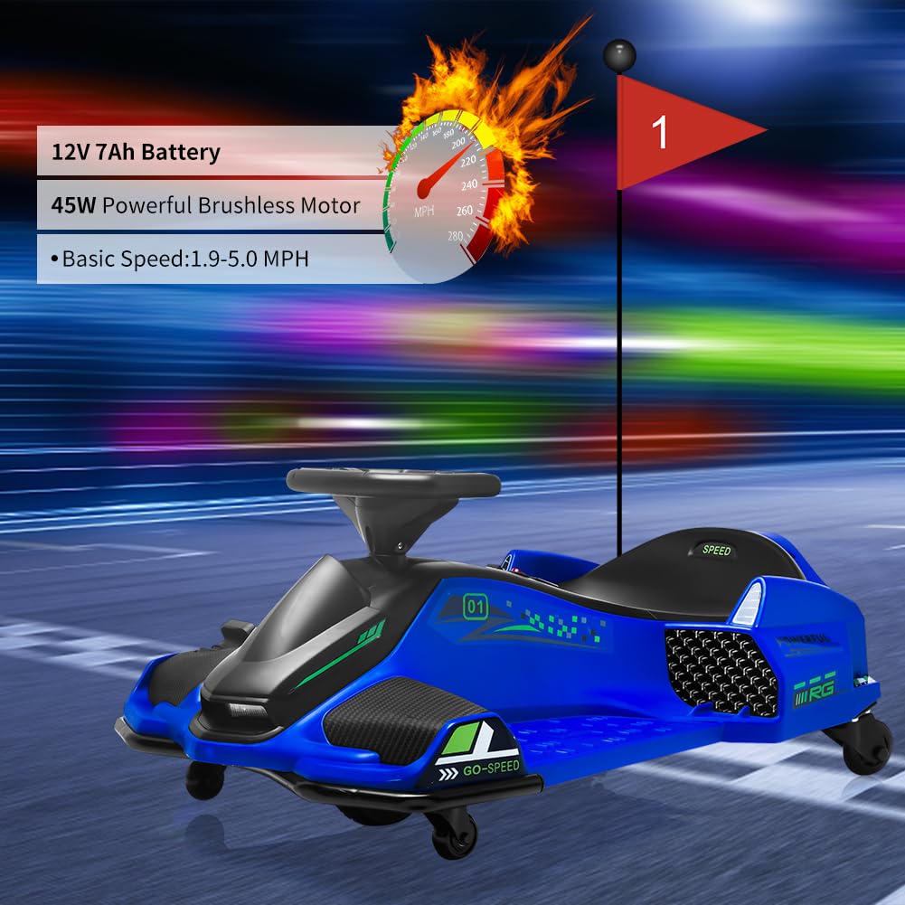 Garvee Ride - P Series: 12V Kids Drift Car: 45W Motor, 5 MPH, Music, LED, USB, Low-Power Alarm, 110lb Max - Blue