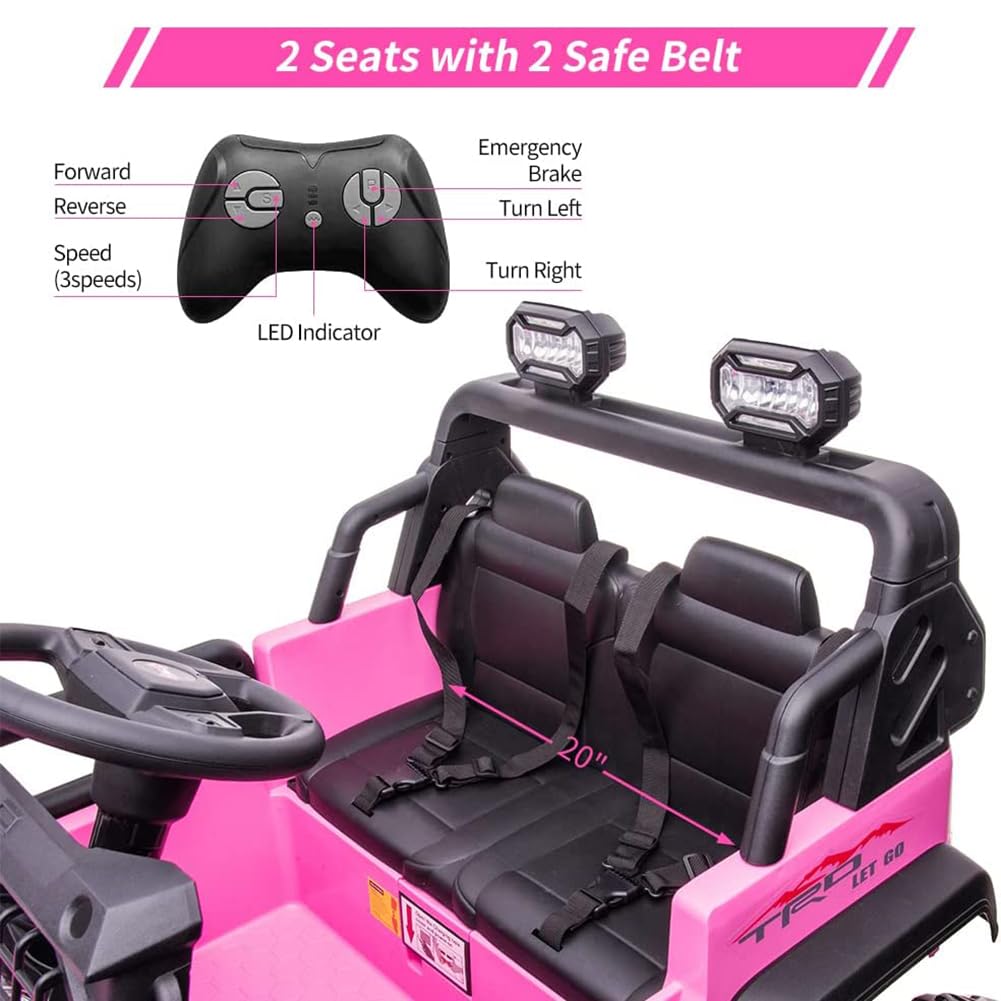 Garvee Ride - P Series: 2 Seats Battery Powered Electric Truck with Remote Control, 24V Kids Ride on Toy with 20inch Extra Width Seat for 3-8 Years Kids, Pink