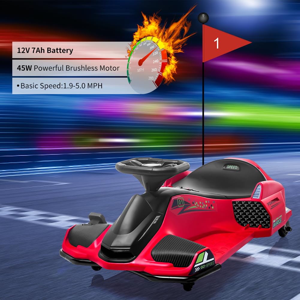 Garvee Ride - P Series: 12V Kids Ride on Drift Car for Kids, 7ah 45W Motor Electric Drifting Go-Kart Up to 5 mph Variable Speed, Built-in Music,Colorful Tail LED Light,USB,Low-Power Alarm,Max Load 110lbs, Blue - Red