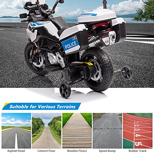 Garvee Ride P Series 12V BMW Police Motorcycle for Kids: 2 Speeds, LED Headlights, Spring Suspension, MP3, Music, Training Wheels, for Boys and Girls - White