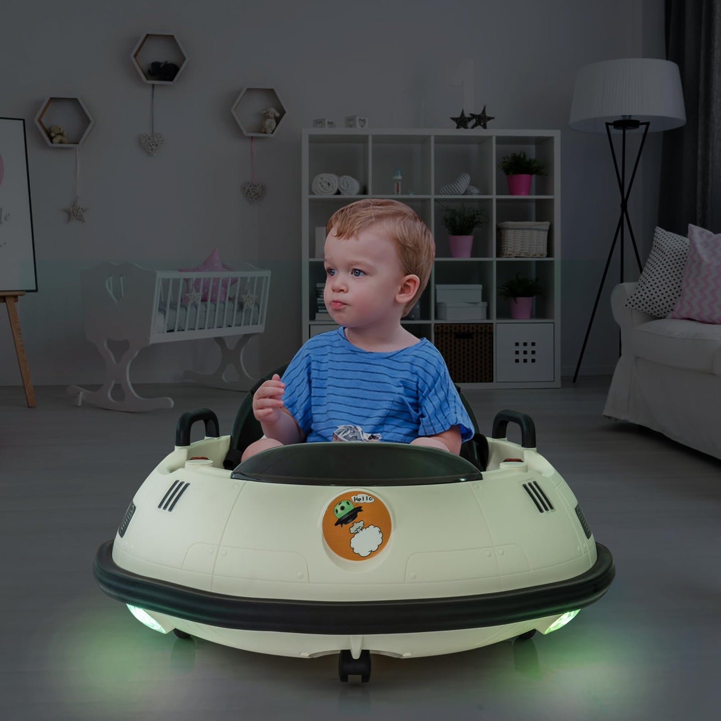 Garvee Ride B Series 12V Electric Ride on Bumper Car for Toddlers, Kids Bumper Car with Remote Control, LED Lights & 360 Degree Spin, Indoor and Outdoor for 18+ Months Kids - White