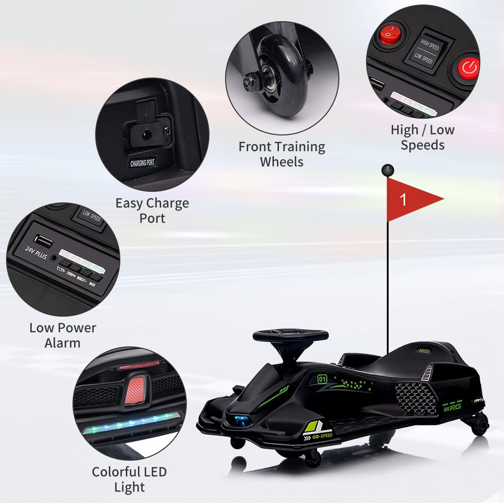 Garvee Ride - P Series: 12V Kids Drift Car: 45W Motor, 5 MPH, Music, LED, USB, Low-Power Alarm, 110lb Max - Black