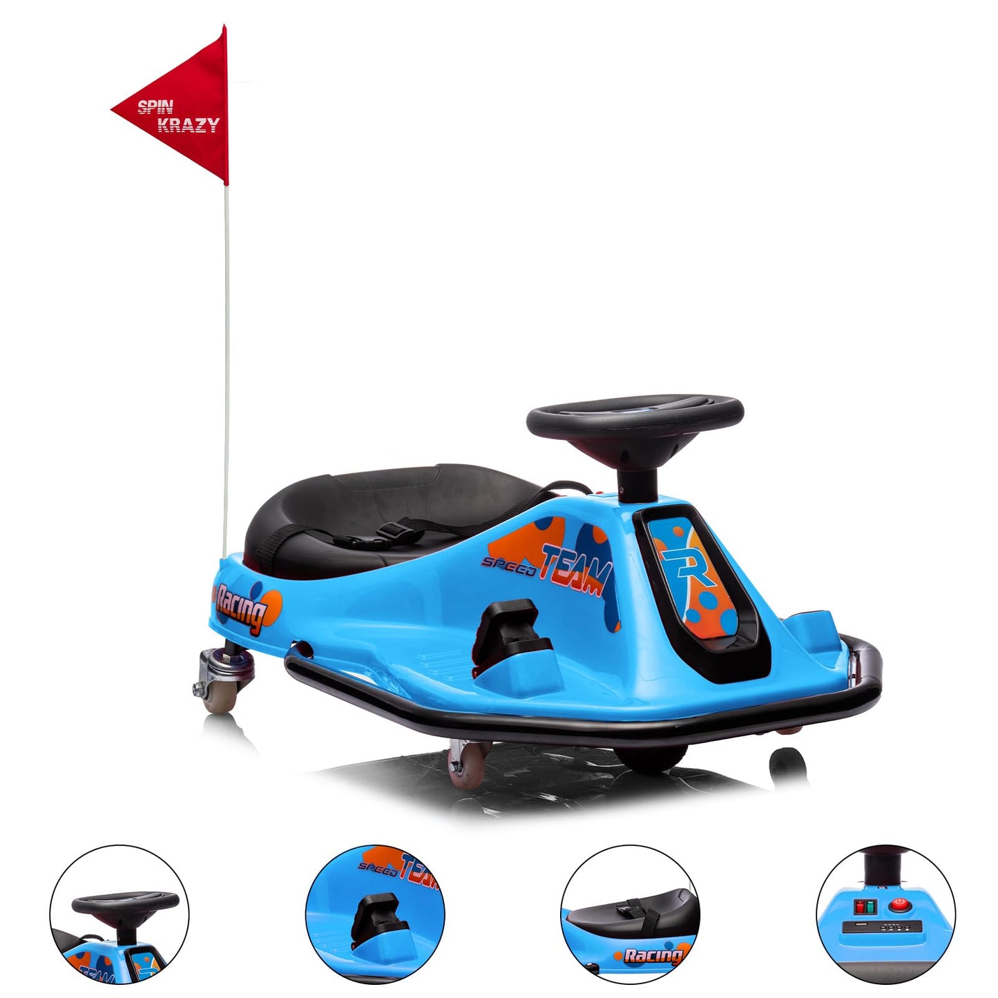 Garvee Ride - P Series: 360 Degrees Rotating Ride On Drift Car,Electric Drifting Go Kart,24V Ride On Race Car,Variable Speed for Kids,Simplified Drift System,Flashing Lights, Flag, Music - Blue