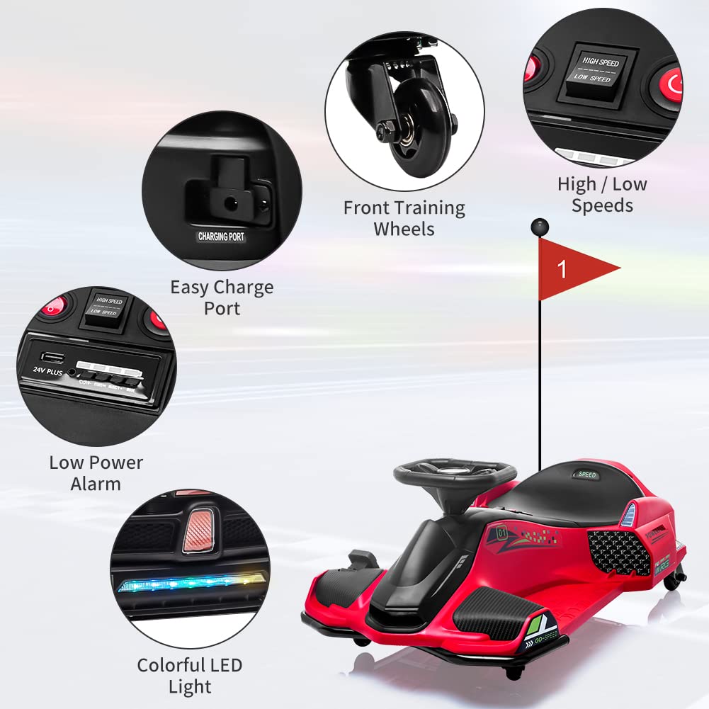 Garvee Ride - P Series: 12V Kids Ride on Drift Car for Kids, 7ah 45W Motor Electric Drifting Go-Kart Up to 5 mph Variable Speed, Built-in Music,Colorful Tail LED Light,USB,Low-Power Alarm,Max Load 110lbs, Blue - Red