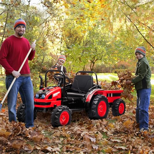 Garvee Ride - P Series: 12V Electric Ride-On Tractor for Kids with Trailer, Remote Control, Music, LED Lights, and Rear Wheel Suspension - Battery Powered Toy Vehicle - Red