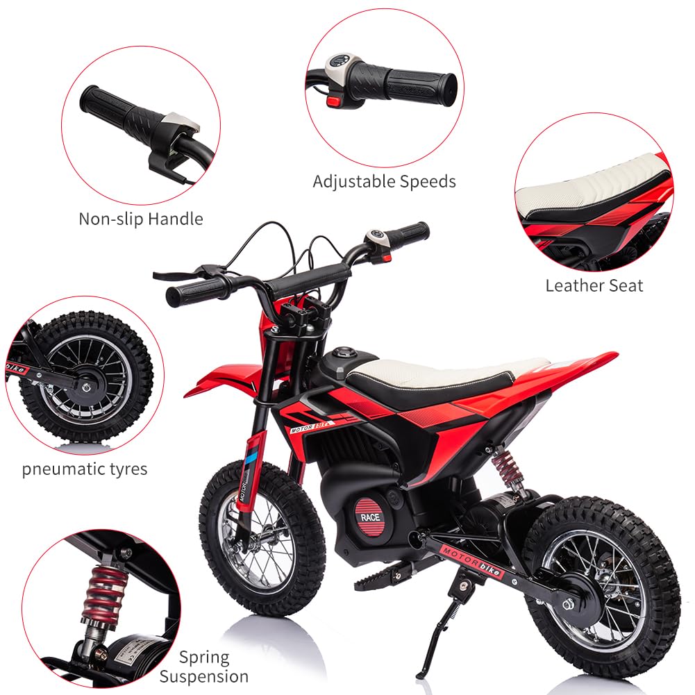 Garvee Ride - T Series: 24V Kids Electric Dirt Motorcycle for Kids Ages 13+, 250W Electric Off-Road Motorcycle,Up to 13.6MPH, Twist Grip Throttle,Metal Suspension,Air-Filled Tires,Leather Seat - Red