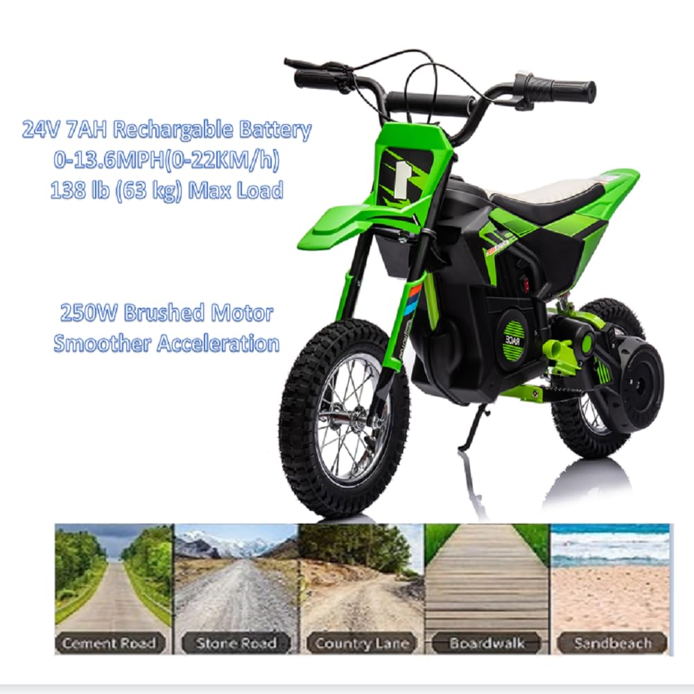 Garvee Ride - T Series: 24V Kids Electric Dirt Motorcycle for Kids Ages 13+, 250W Electric Off-Road Motorcycle,Up to 13.6MPH, Twist Grip Throttle,Metal Suspension,Air-Filled Tires,Leather Seat - Green