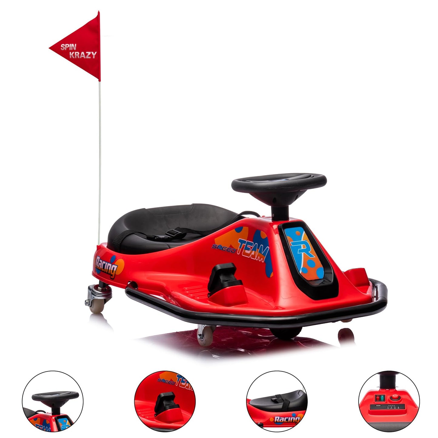 Garvee Ride - P Series: 360 Degrees Rotating Ride On Drift Car,Electric Drifting Go Kart,24V Ride On Race Car,Variable Speed for Kids,Simplified Drift System,Flashing Lights, Flag, Music - Red