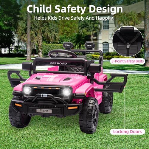 Garvee Ride - P Series: 12V Ride On Toy w/Parent Remote Control, Steering Wheel Music, 4-Wheel Spring Suspension, Led Lights, 2 Speeds, Kids Electric Vehicles for Age 3-5, Pink