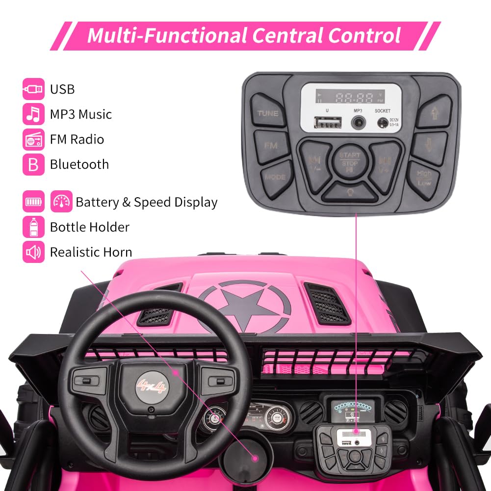 Garvee Ride - P Series: 2 Seaters Kids Ride On Truck with Remote Control,20“ Large Seat Ride On Car for Toddlers, 24V 9AH Electric Vehicle Car with Led Light,Large Storage Space, Bottle Holder,Music, Horn for 3-8 Years,Pink