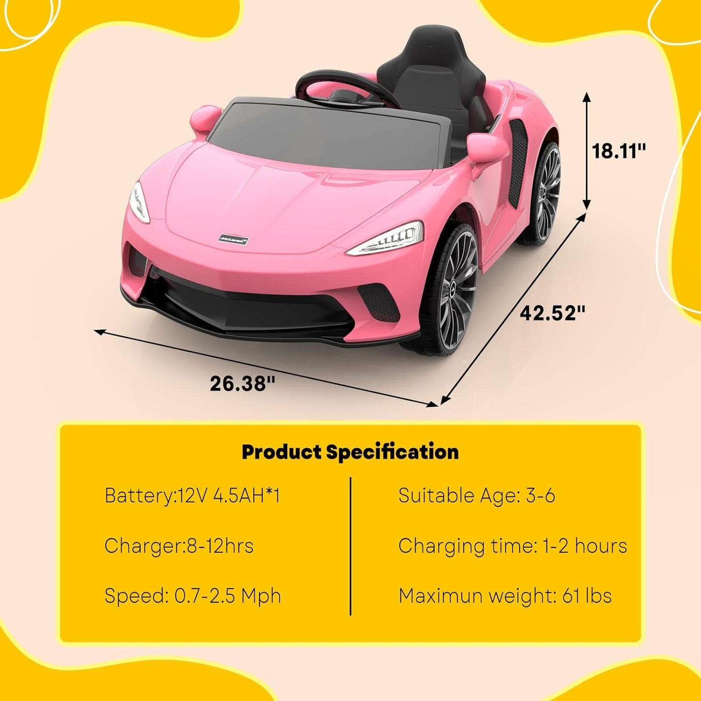 Garvee Ride - P Series: 12V Kids Ride on Car, Licensed Mclaren Battery Powered Electric Car with Remote Control, 3 Speeds, Bluetooth Music, Horn, LED Lights, 4-Wheel Ride on Toys - Pink