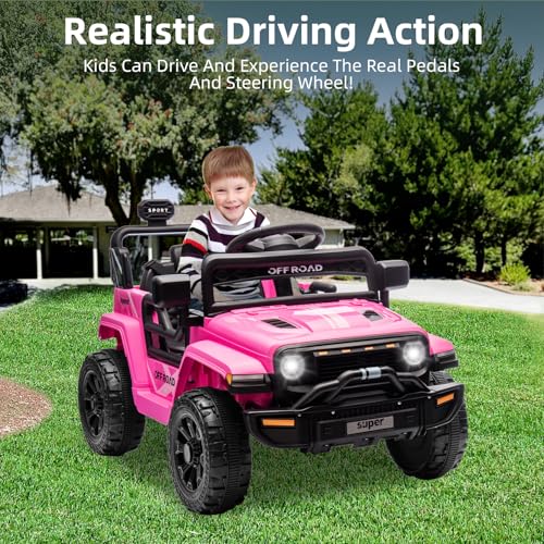 Garvee Ride - P Series: 12V Ride On Toy w/Parent Remote Control, Steering Wheel Music, 4-Wheel Spring Suspension, Led Lights, 2 Speeds, Kids Electric Vehicles for Age 3-5, Pink