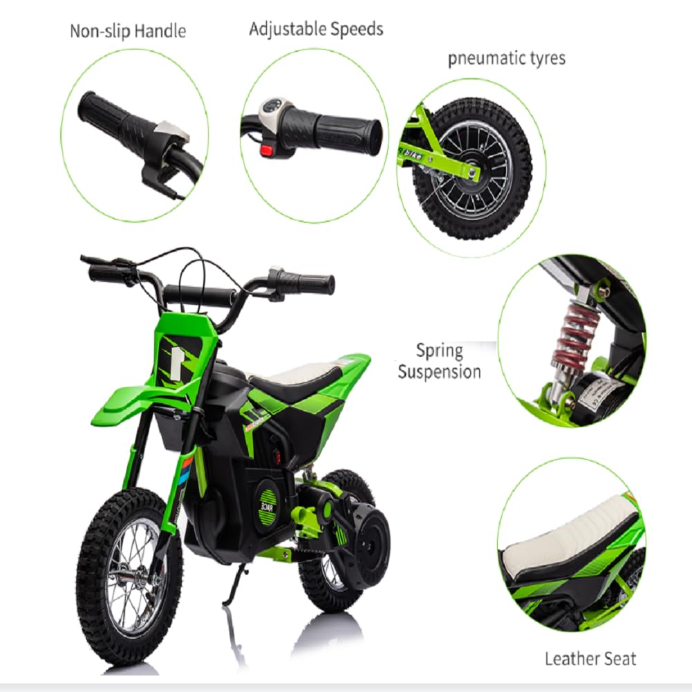 Garvee Ride - T Series: 24V Kids Electric Dirt Motorcycle for Kids Ages 13+, 250W Electric Off-Road Motorcycle,Up to 13.6MPH, Twist Grip Throttle,Metal Suspension,Air-Filled Tires,Leather Seat - Green