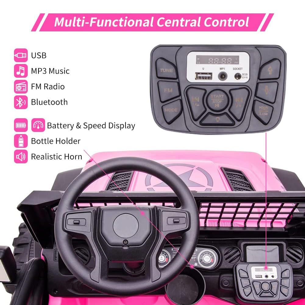 Garvee Ride - P Series: 2 Seats Battery Powered Electric Truck with Remote Control, 24V Kids Ride on Toy with 20inch Extra Width Seat for 3-8 Years Kids, Pink