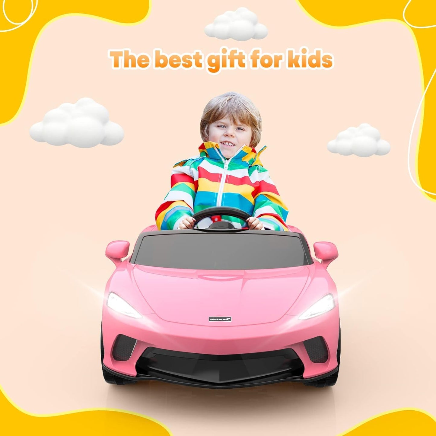 Garvee Ride - P Series: 12V Kids Ride on Car, Licensed Mclaren Battery Powered Electric Car with Remote Control, 3 Speeds, Bluetooth Music, Horn, LED Lights, 4-Wheel Ride on Toys - Pink