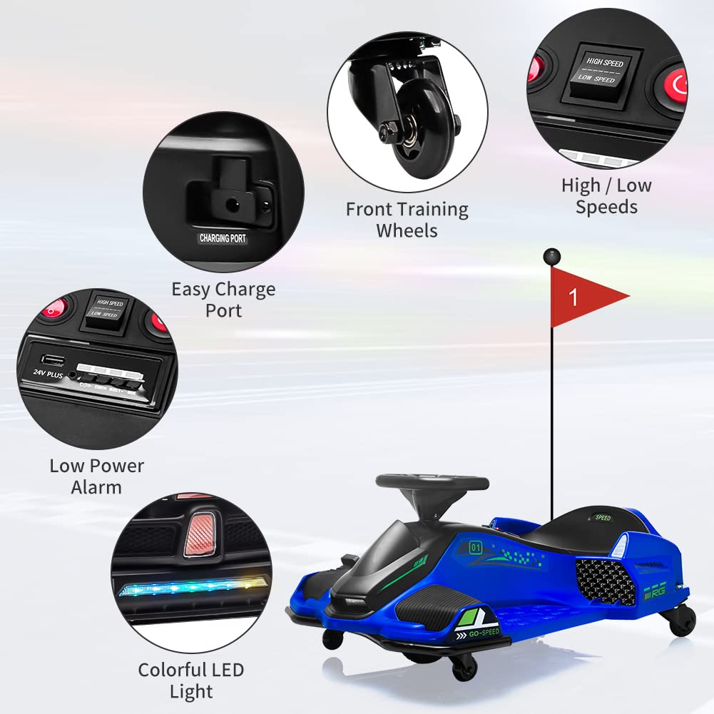 Garvee Ride - P Series: 12V Kids Drift Car: 45W Motor, 5 MPH, Music, LED, USB, Low-Power Alarm, 110lb Max - Blue
